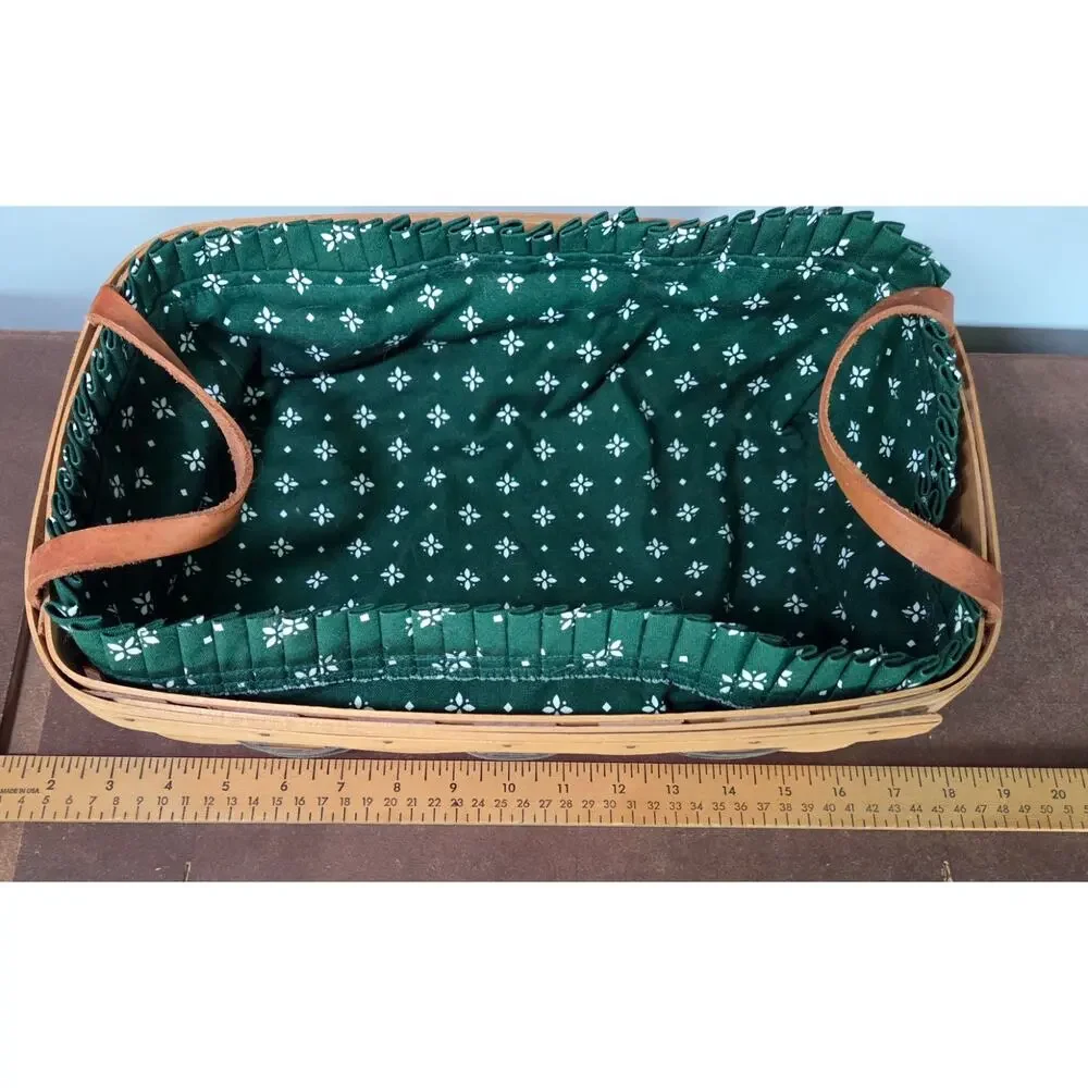 Vintage 1999 Longaberger Rectangle Basket Green Heritage Fabric Liner & Handles